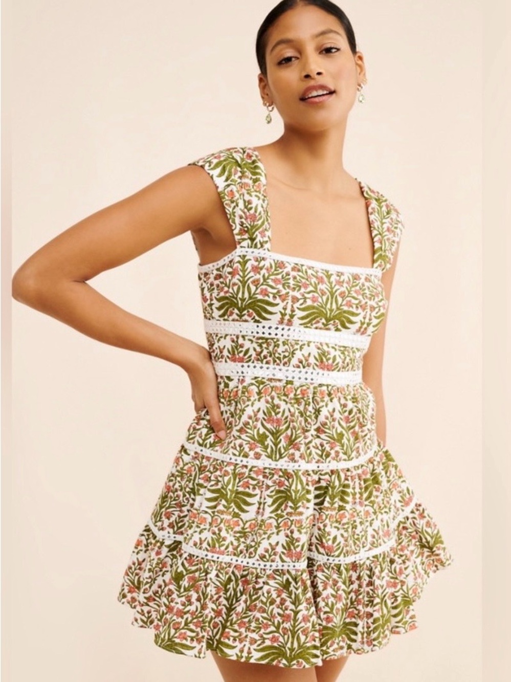 SAYLOR Olive & Pink Floral Square-Neck Tiered Mini Dress